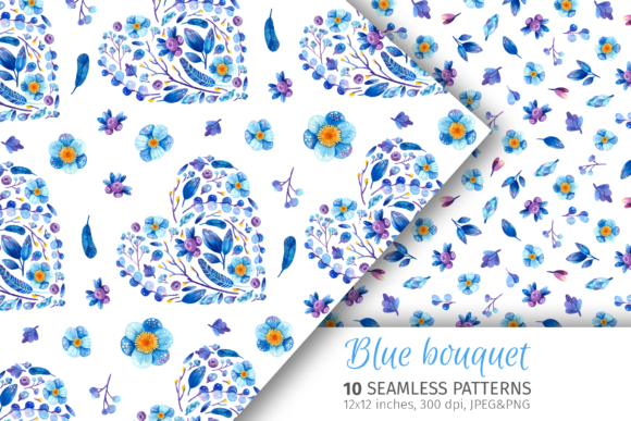 Blue Floral Patterns, Digital Papers: Versatile Watercolor Designs for Creative Projects